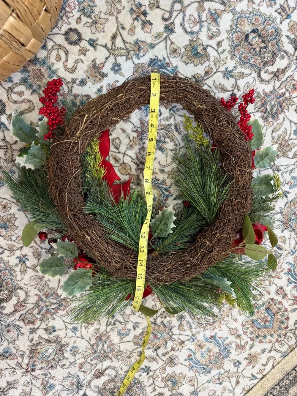 New Red Poinsettia & Pine Holiday Wreath - Classic Seasonal Door Accent